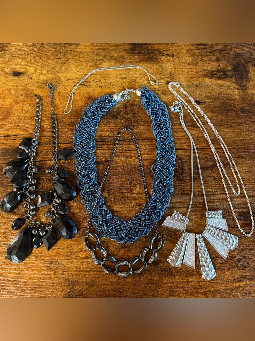 Vintage Bundle of Beaded Chained Navy, Black, & Silver Statement Necklaces